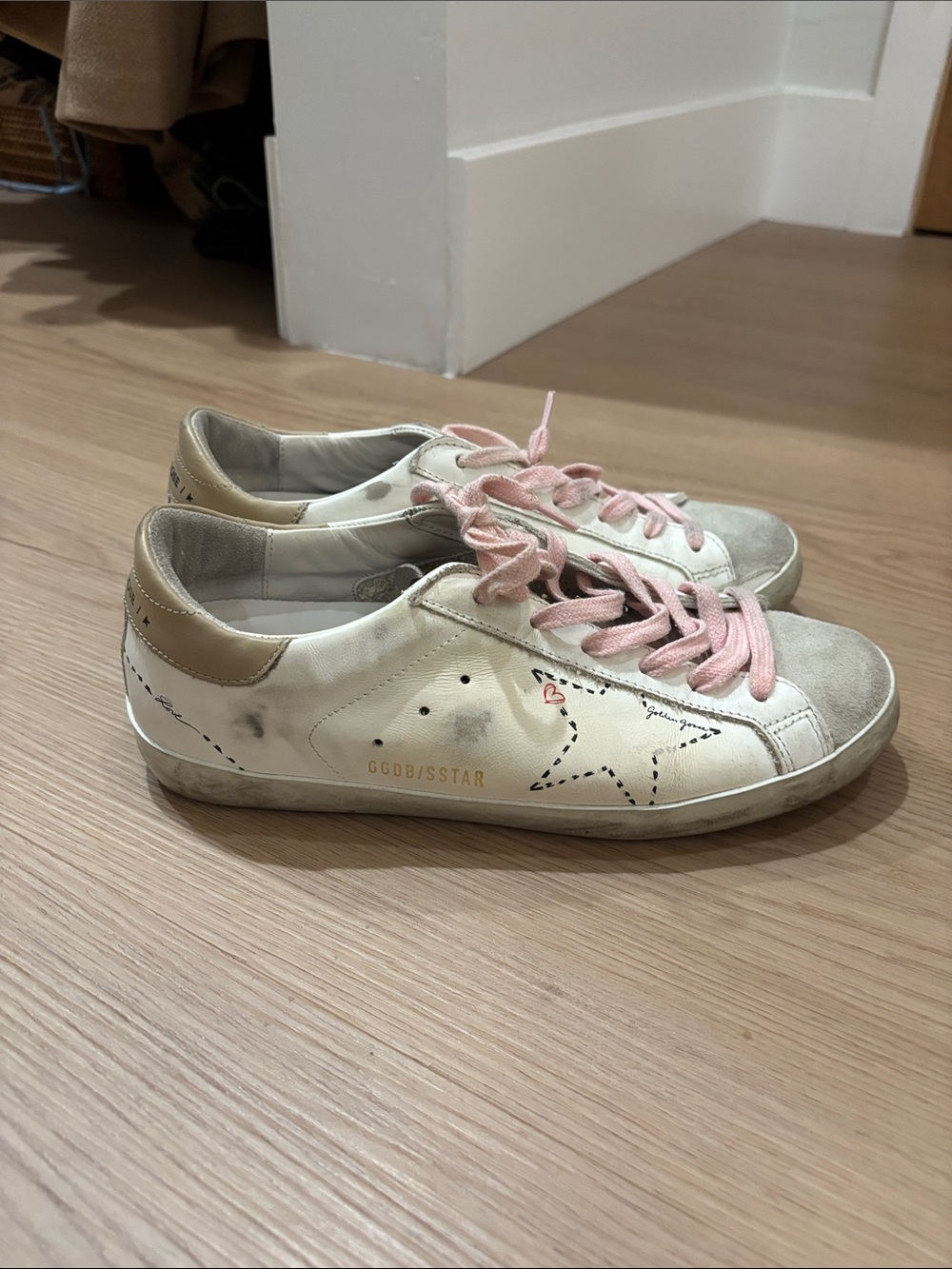 Golden Goose White Leather Sneakers with Pink Laces and Gold Heel size 38